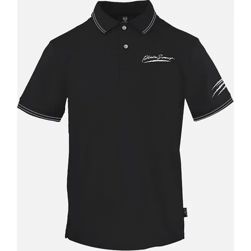Men's Plein Sport Signature Logo Twin Tipped Black Polo Shirt - Size: 40/Regular