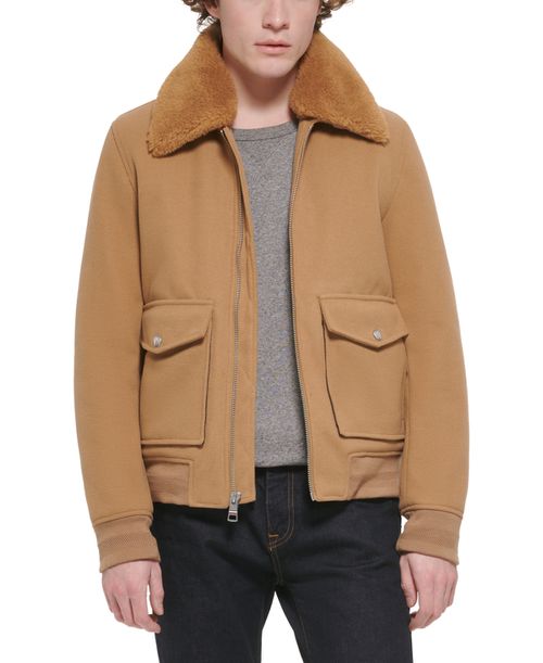 Men's Faux-Fur-Collar Bomber Jacket - Tan