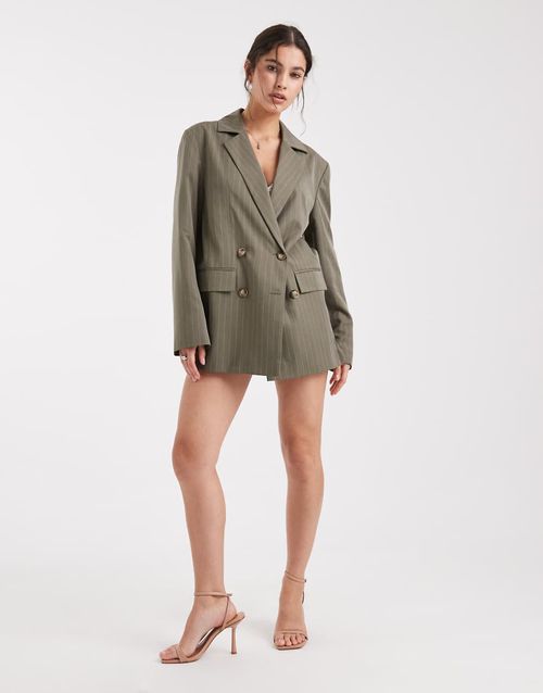 Slouchy oversized double breasted blazer co-ord in khaki pinstripe-Multi
