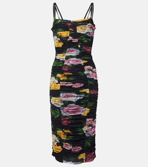 Floral ruched tulle midi dress