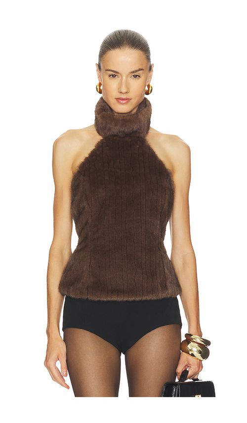 LPA Maria Faux Fur Turtleneck Top in Chocolate. XS. Also in L, M, S