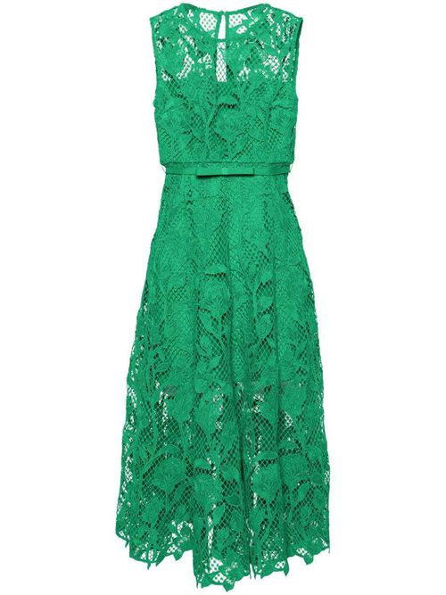 Midi Green Dress With All-Over Embroideries In Lace Woman