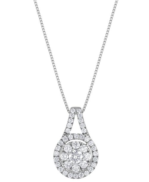 "Diamond Halo Cluster 18"" Pendant Necklace (1/2 ct. t.w.) in 14k White Gold - White Gold"