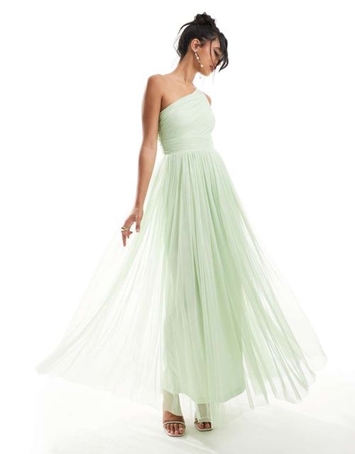 Lace & Beads Bridesmaid one-shoulder tulle maxi dress in sage-Green