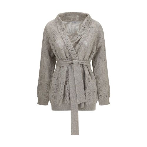 Sequin-Embroidered Linen Cardigan — Beige