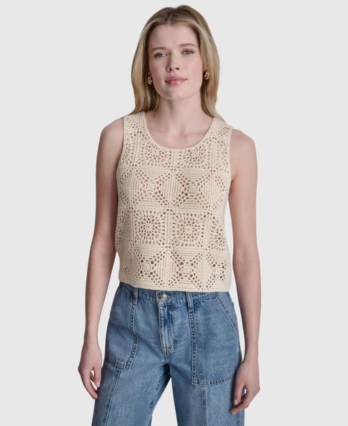 Women's Sleeveless Crochet Square Knit Tank Top - Eggnog