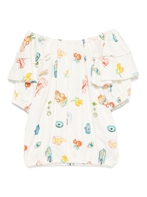 Andorine mediterranean-print ruffle blouse - Neutrals