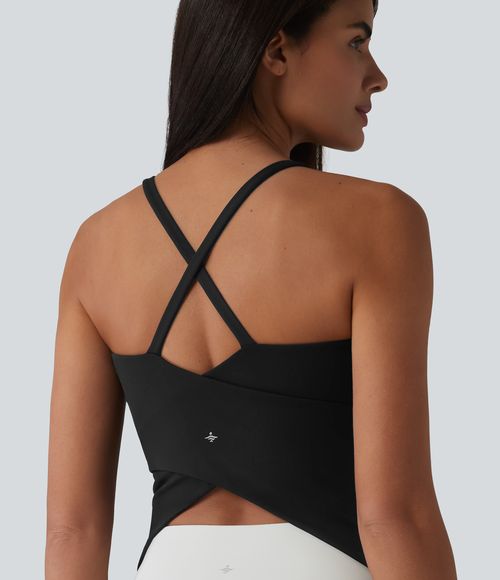 Scoop Neck Crisscross Back Crossover Hem Built-in Bra Yoga Cami Top DD-F Cups Tank Top - Black