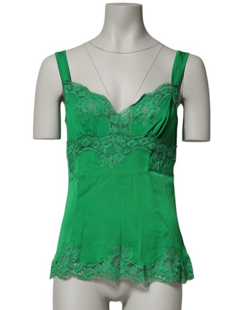 Floral Lace-Trimmed Silk Tank Top — Green