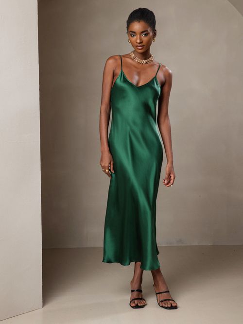 Pure Silk Spaghetti Strap Midi Dress
