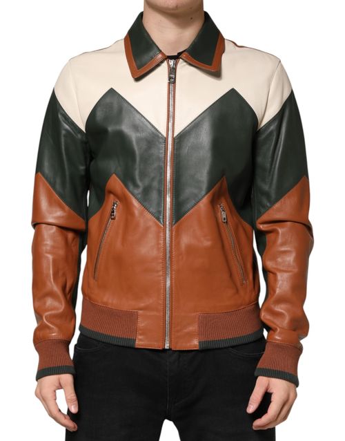 Leather Colour-Block Biker Jacket — Multicolor