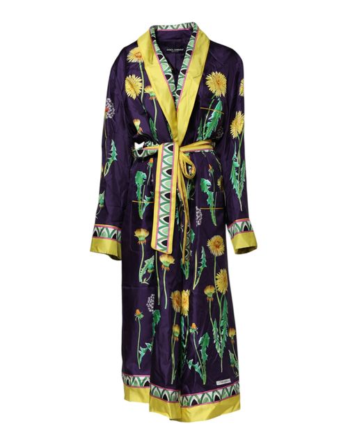 Floral Print Silk Robe — Navy