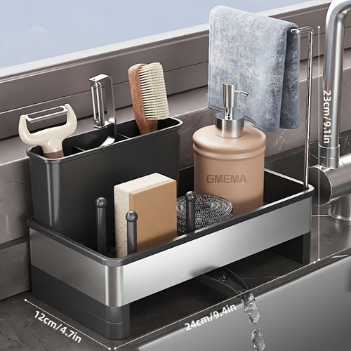 TEMU 2-in- Sink Organizer With High Brush Holder & Sponge Rest - Plastic & Metal Countertop Storage For Scrub Brushes, Dishcloths, Soap Bottle