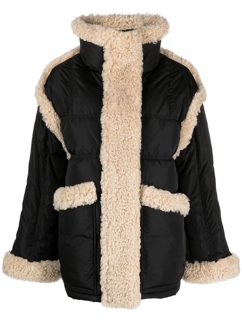 Stand Collar Recycled Down Puffer Coat with Faux Fur Trim & Zip-Snap Front
