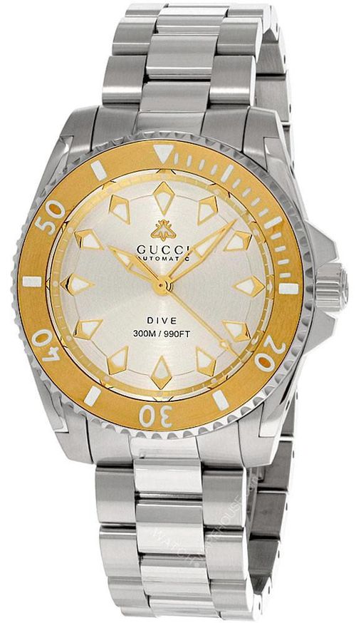 GUCCI Dive Automatic SS 40MM Gold Silver Dial Men's Watch YA136357A