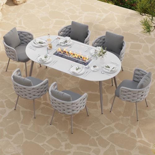 7 PCS Outdoor Propane Fire Pit Table & Rope Woven Armchair Oval Outdoor Dining Set Modern Yard & Ptio Furniture for 6 Person in Gray