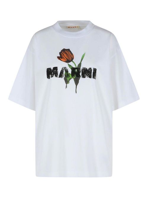 White Cotton T-Shirt With Tulip Print