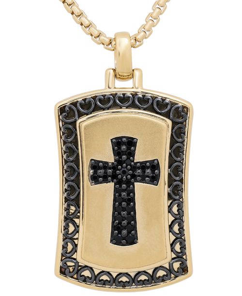 "Men's Black Diamond Cross Dog Tag 22"" Pendant Necklace (1/4 ct. t.w.) in 18k Gold-Plated Sterling Silver - Sterling Silver"