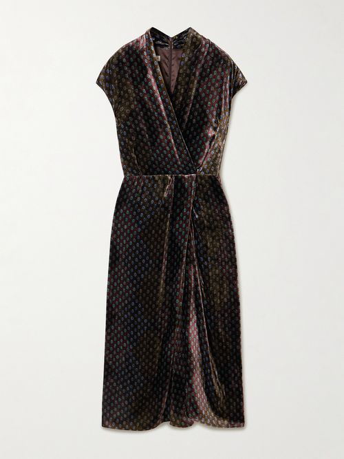 Printed Velvet Wrap-effect Midi Dress - Black