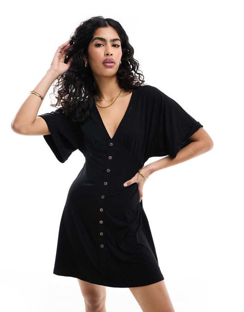 ASOS DESIGN | ASOS DESIGN cuffed sleeve button front midi tea dress in  black | Realry