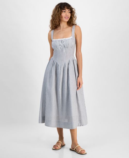 And Now This | Women's Sleeveless Corset Midi Dress - Indigo Batik Stripe |  Realry