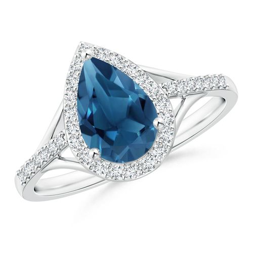 Angara 1.65 Carats Pear-Shaped London Blue Topaz Ring with Diamond Halo in Platinum