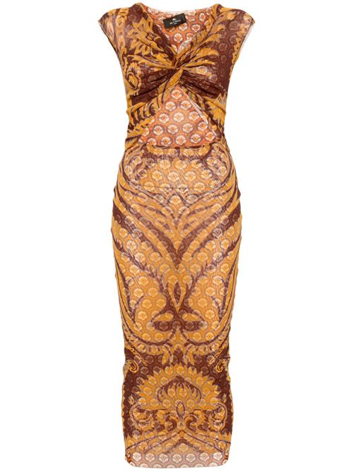 Graphic-print mesh maxi dress - Brown