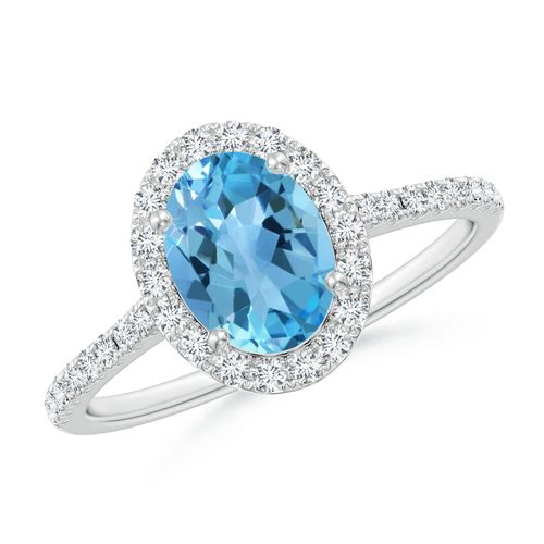 Angara 1.5 Carats Prong-Set Oval Swiss Blue Topaz Halo Ring with Diamonds in Platinum