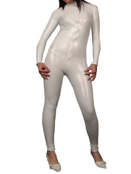 White ong Sleeves PVC Shiny Metallic Fabric Catsuit Full Bodysuit Britney Spears Costume