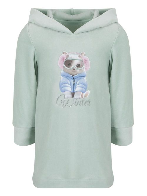 Cat-print hooded cotton dress - Green