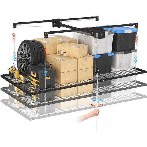 Garvee 4x8 FT Overhead Garage Lifting Storage Rack, Heavy-Duty Metal, Adjustable, Safety Lock, Black