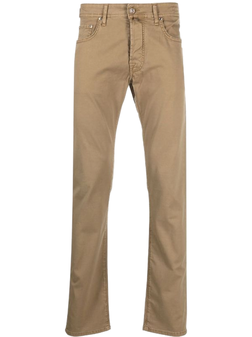 Cotton-Stretch Slim-Fit Trousers — Beige