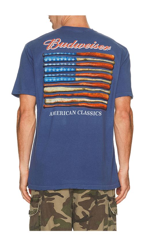 Junk Food Budweiser Baseball Bats Tee in Blue. M. Also in S, L, XL/1X