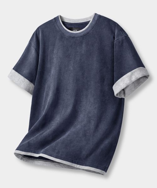 Color-blocked layered roll-up short-sleeve T-shirt_Pigment Navy