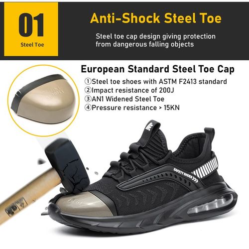 Men Special Work Shoes Anti-Smash Anti-Puncture Safety Air Cushion PU Sole Certified Steel Toe Protective Casual Wear-Resistant Breathable Work