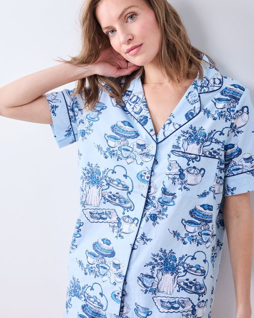 Organic Cotton Short Pajama Set in High Tea Toile | Women's Plus 5X | Blue | Sleepwear