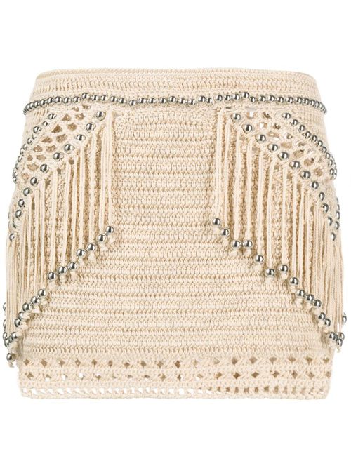 Beaded fringed miniskirt - Neutrals