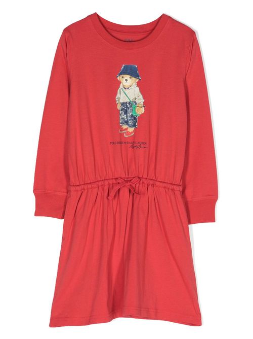 Polo-Bear print drawstring short dress - Red