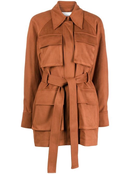 Check-print belted leather jacket - Brown