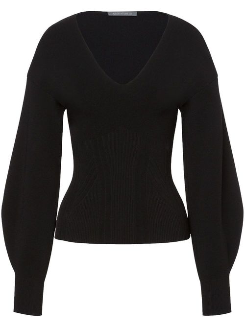 Puff-sleeve ribbed-knit jumper - Black