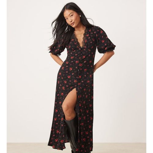 Miss Selfridge Petite Womens lace trim button through maxi dress in black rose print - Multicolour