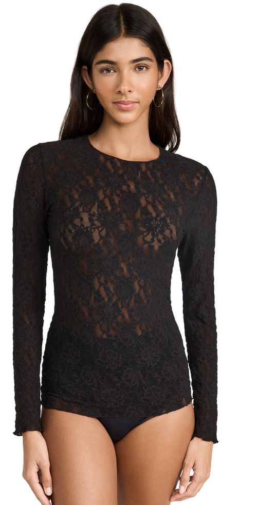 Signature Lace Unlined Long Sleeve Top Black