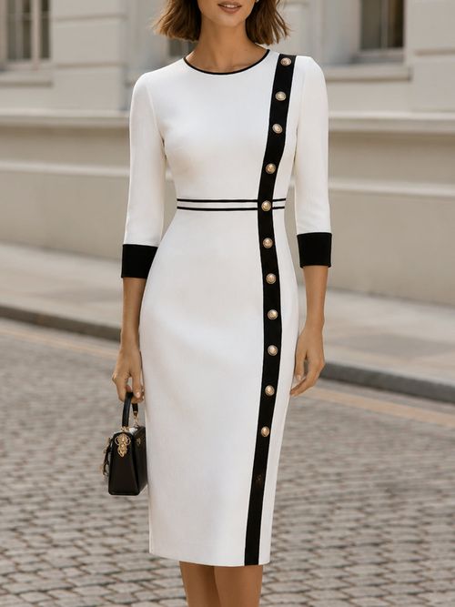 Round Neck 3/4 Cuff Trim Vertical Gold Button Color Block Midi  Dress - White