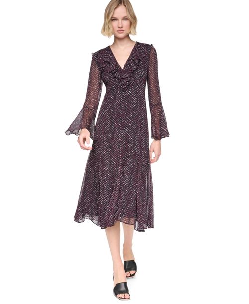 Women's Long Bell Sleeve V-Neck Ruffle Godet Midi Dress - Burgundy Multi