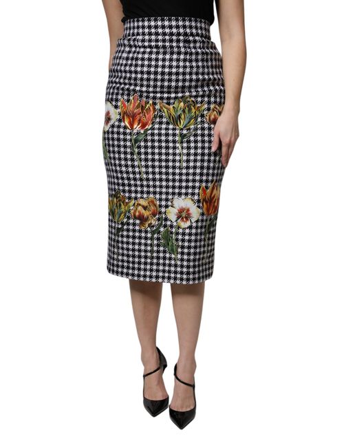 Houndstooth Floral Print Wool Skirt — Multicolor
