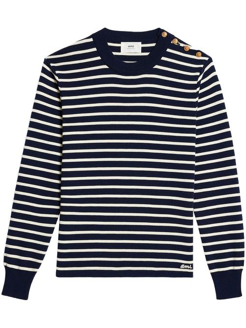 Striped button-shoulder merino jumper - Black