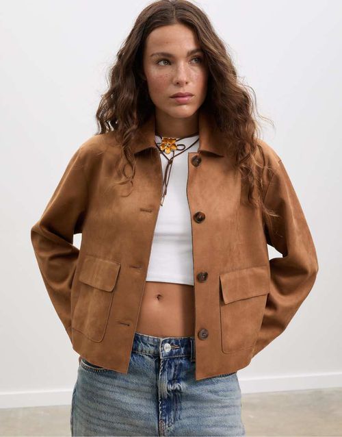 Faux suede jacket with pockets in pale camel-Neutral