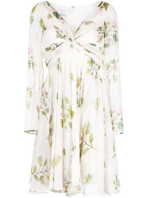 Gathered floral-print silk dress - White