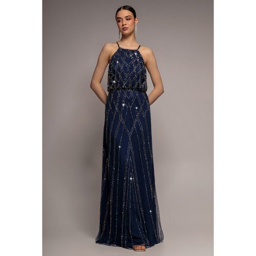 Goddiva Racer Neck Sleeveless Hand Embellished Sequin Maxi Dress - Navy Blue