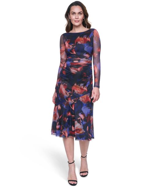 Women's Printed Mesh Bodycon Midi Dress - Bright Blue Red